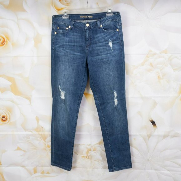 Michael Kors Dillon Relaxed Distressed Size 8 Medium Wash Denim Jeans - Picture 2 of 10